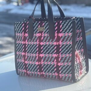 Kate Spade Black and Pink Woven Plaid Large Tote